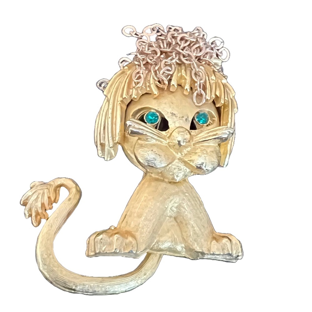 Manolf Gold Tone Lion Cub Brooch pin with Chain "Fur"